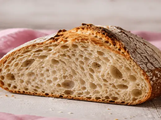 Sliced sourdough loaf showing an airy crumb