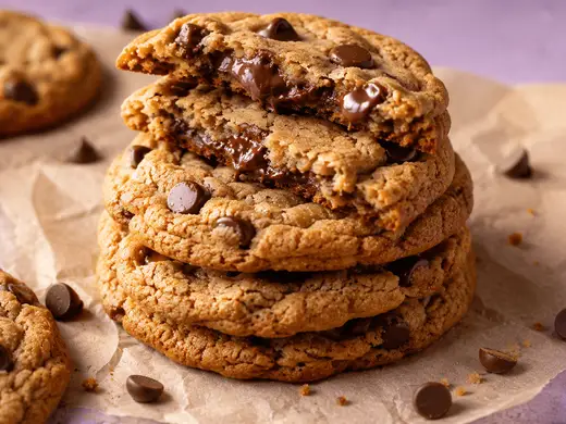 Chocolate chip cookies stacked on a cooling rack