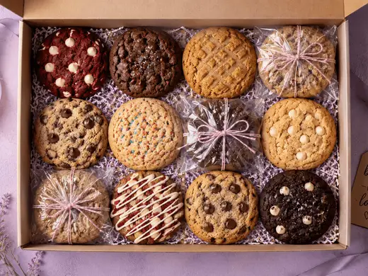 Assorted Miranda Bakes cookies packed in a gift box