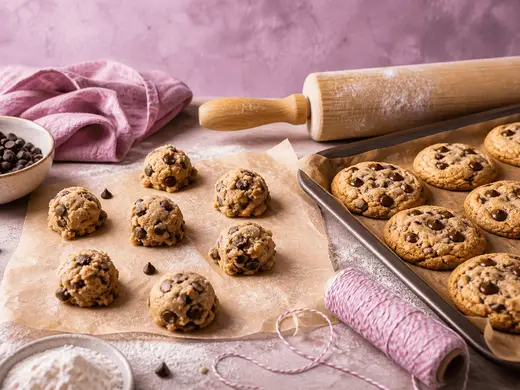Cookie dough, baked chocolate chip cookies, and bakery tools on a lavender-pink work surface